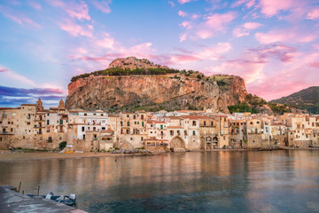 Landscape with beach and medieval Cefalu town, Sicily island, Italy