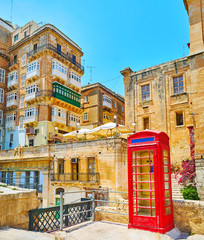 The cityscape with red phone box, Valletta, Malta