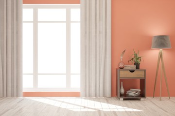 Fototapeta na wymiar Coral minimalist empty room. Scandinavian interior design. 3D illustration