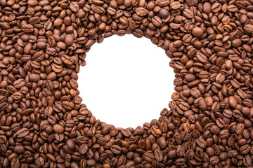Circle frame of roasted coffee beans isolated on white may use as background or texture (with easy removable sample text)