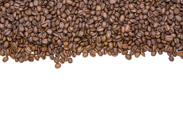 Coffee beans stripe isolated on white background. Copy space for text.