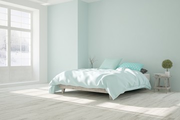 Blue stylish minimalist bedroom with winter landscape in window. Scandinavian interior design. 3D illustration