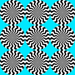 Optical illusion, moving effect of rotation. Seamless pattern with spin twirling circles. Op art background.