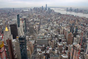 Aerial view of Manhattan in New York City showing the classic high rise buildings and city scape in the USA