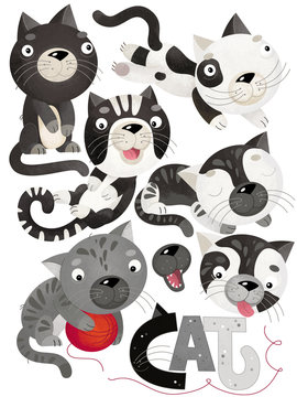 cartoon scene with cat set on white background - illustration for children