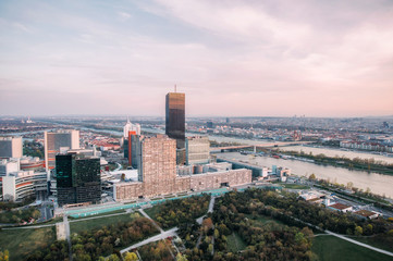 Obraz premium panoramic view of european city on sunset. Vienna, Austria