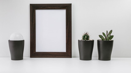 Empty dark photo frame, two succulents in dark pots and a white light bulb on a white background. Scandinavian style in the interior.