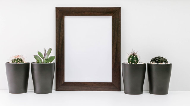 Empty dark photo frame, four succulents in dark pots on a white background. MockUp. Scandinavian style in the interior.