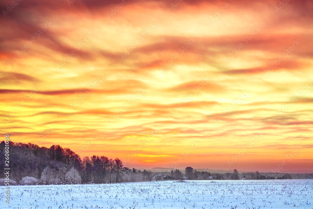 Sticker winter landscape with sunrise