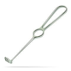 Jagged hooks Folkmann. Semi-sharp four-tooth hook designed to widen the edges of the wound. Manual surgical metal tool of reusable use.Realistic medical object on white background. Vector