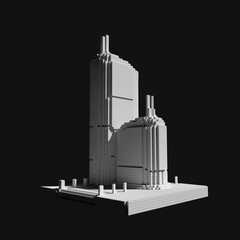 3D illustration of a futuristic building of voxel. Cyberspace concept. Futuristic technology backdrop in a pixel art style.