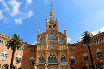 Fototapeta na wymiar Hospital de Sant Pau is historical art deco complex building, ex hospital, now monument and UNESCO World Heritage Site. 