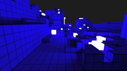 3D illustration of a complex geometric structure with luminous cubes. Creative geometrical concept. Abstract voxel background in a style of cyberpunk.
