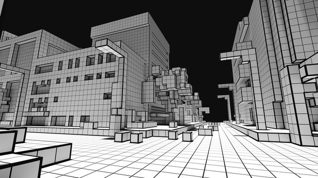 3D illustration of a voxel abstract construction similar to a futuristic city. Creative geometric concept. Pixel art wallpaper. Group of a futuristic buildings.