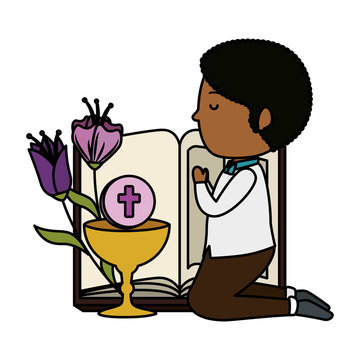 little black boy kneeling with bible and chalice first communion