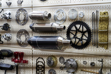 Motorcycle parts and accessories on the wall