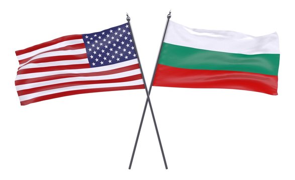 USA and Bulgaria, two crossed flags isolated on white background. 3d image