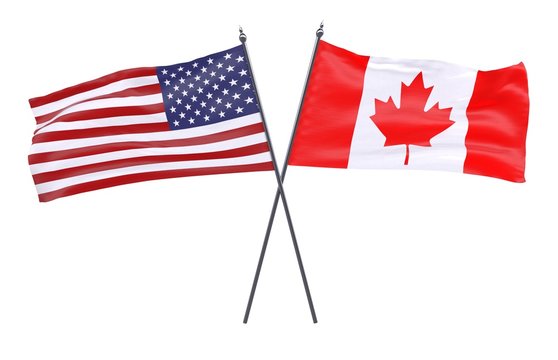 USA and Canada, two crossed flags isolated on white background. 3d image