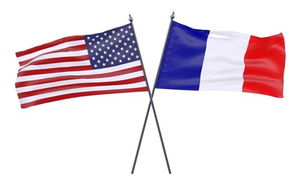 USA and France, two crossed flags isolated on white background. 3d image