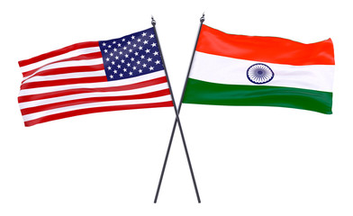 USA and India, two crossed flags isolated on white background. 3d image