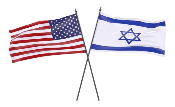 USA and Israel, two crossed flags isolated on white background. 3d image