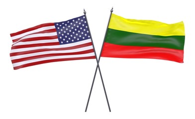 USA and Lithuania, two crossed flags isolated on white background. 3d image