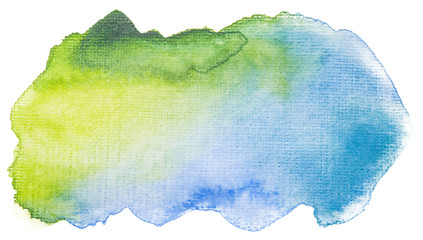 Watercolor stain on white background isolated. Element with paint and watercolor paper texture. Background for design of postcards and print.