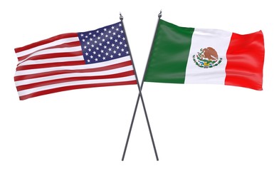 USA and Mexico, two crossed flags isolated on white background. 3d image
