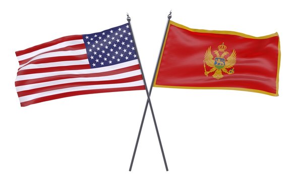 USA and Montenegro, two crossed flags isolated on white background. 3d image