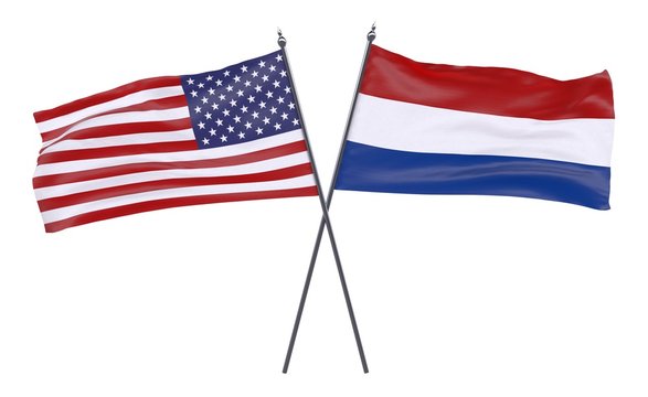 USA and Netherlands, two crossed flags isolated on white background. 3d image