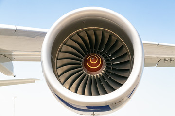 The engine of the plane on the wing,turbine.