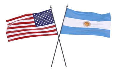 USA and Argentina, two crossed flags isolated on white background. 3d image