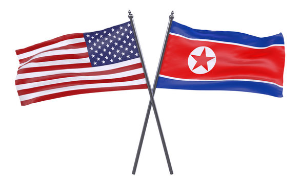 USA and North Korea, two crossed flags isolated on white background. 3d image