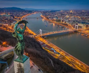 Photo sur Plexiglas Széchenyi lánchíd Budapest, Hungary - Aerial panoramic view of Budapest from above, with Statue of Liberty, Elisabeth and Szecheni Chain Bridge and sightseeing boat on River Danube at blue hour