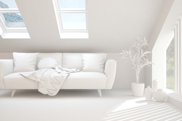 Stylish minimalist room with sofa in white color. Scandinavian interior design. 3D illustration