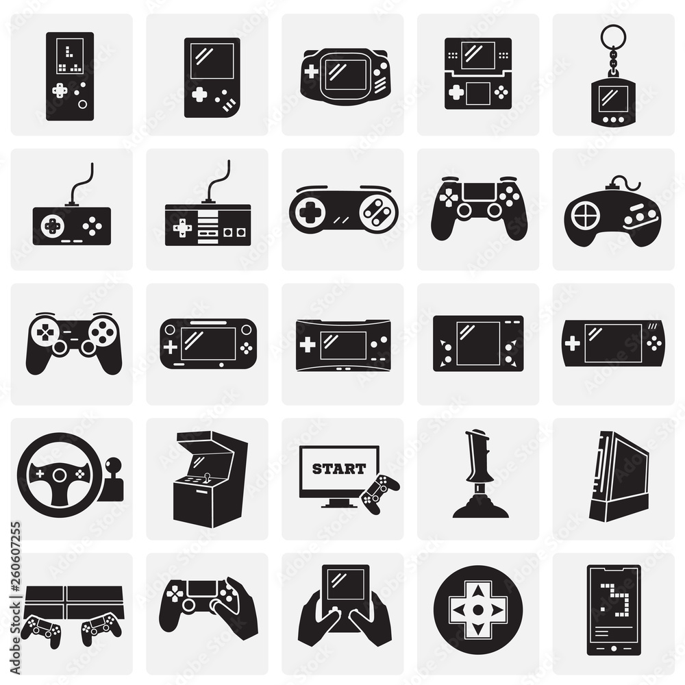Poster gaming icons set on sqaures background for graphic and web design. simple vector sign. internet conc