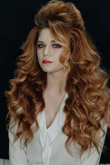 Fototapeta premium Red Curly Hair Woman Backstage Fashion Portrait