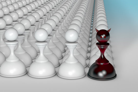 Black devil figure in white pawns line. Concept for contradictory boorish team member, instigator