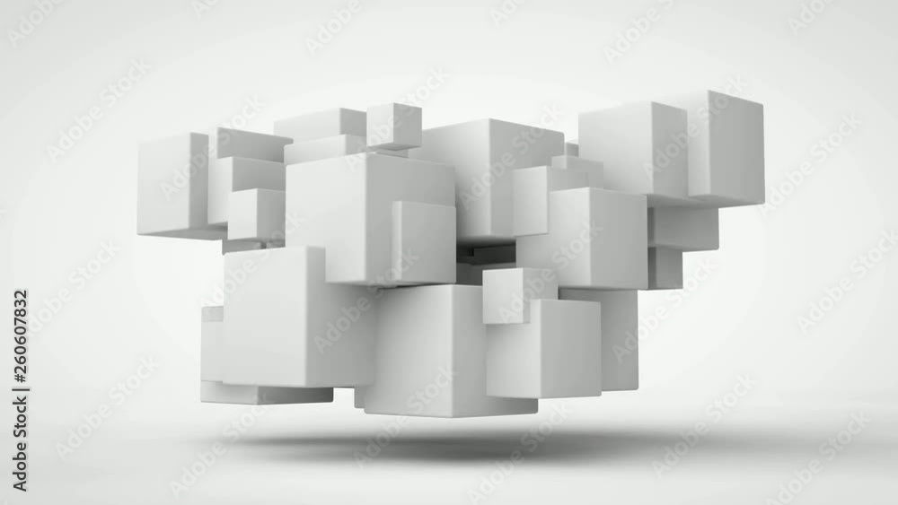 Poster 3d animation of many cubes in the space of merging and separating.