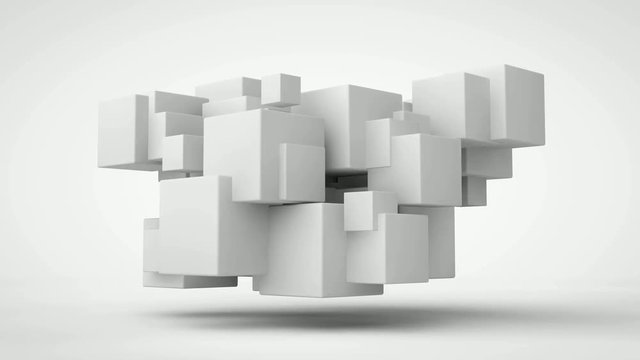 3D animation of many cubes in the space of merging and separating.