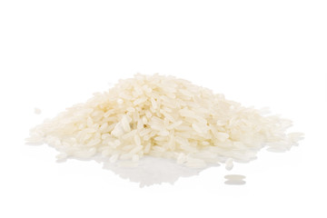 Fototapeta na wymiar Lot of whole white jasmine rice grains heap isolated on white background