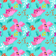 Floral seamless pattern with abstract flowers and leaves. Painted flowers background.