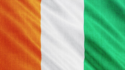 Ivory Coast flag is waving 3D illustration. Symbol of Cote d'Ivoire national on fabric cloth 3D rendering in full perspective.