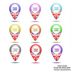 Bright map icon with flag of England. Location Icon vector. Vector illustration