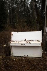 Old vintage white piano in a forest