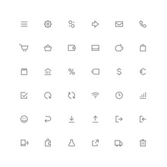 Total icon set - menu, gear, arrow, mail, phone, shopping cart, wallet, money box, percent, smile, puzzle and other symbols. Online store, business and finance, internet and website outline vector.
