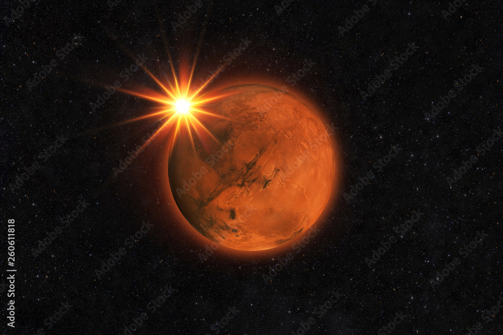 Poster red planet mars with sun rays on a starry sky. mars with sunshine