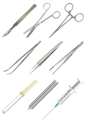 Set of medical hand tools. Tweezers of different types, all-metal reusable scalpel, clip with fastener, surgical scissors, glass pipette, disposable syringe, blood lancet. Isolated objects. Vector.