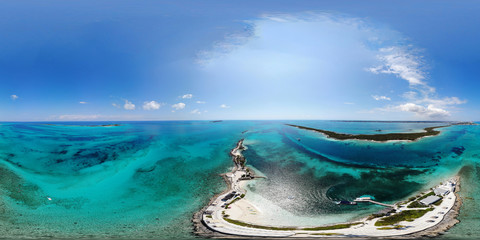 360 Degree aerial view photo of the beautiful Pearl Island in the Bahamas near Nassau, showing the...