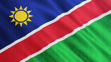 Namibia flag is waving 3D illustration. Symbol of Namibian an national on fabric cloth 3D rendering...